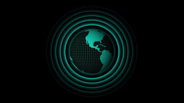 Digital earth animation with signal rings. Digital earth global communication network. Digital earth technology interface graphic on black background for connectivity.