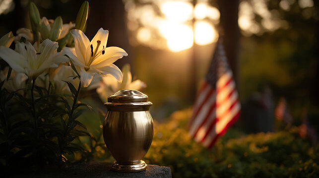Golden Urn with White Lilies and Blurred Flag at Sunset: A Serene and Commemorative Scene for Remembrance and Loss