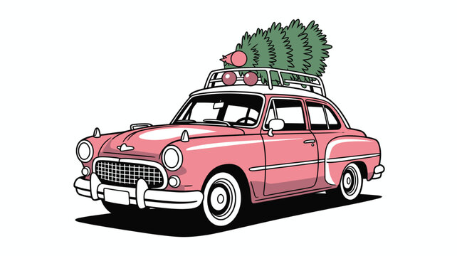 Charming vintage pink car with a freshly cut Christmas tree on its roof rack