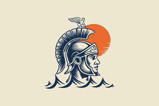 Ancient Spartan warrior helmet with winged figure and orange sunset background