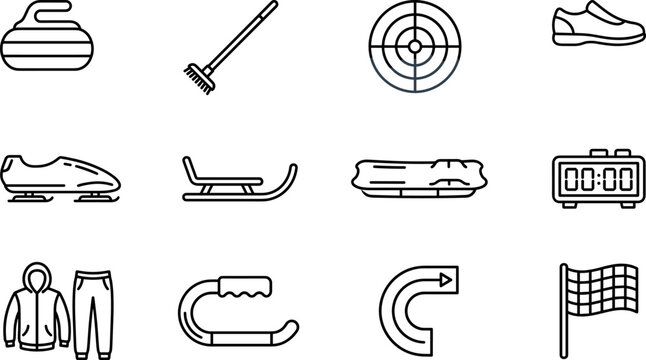 Sports equipment icons including curling stone broom target shoe bobsled sled isolated on transparent background