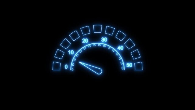 Speedometer animation with blue neon needle. Speedometer digital performance indicator gauge. Speedometer technology interface graphic on black background for data monitoring.