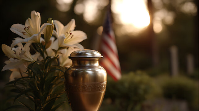Solemn Urn and White Lilies with Bokeh Flag Background at Sunset, Commemorate Life and Loss with Dignity and Respectful Remembrance