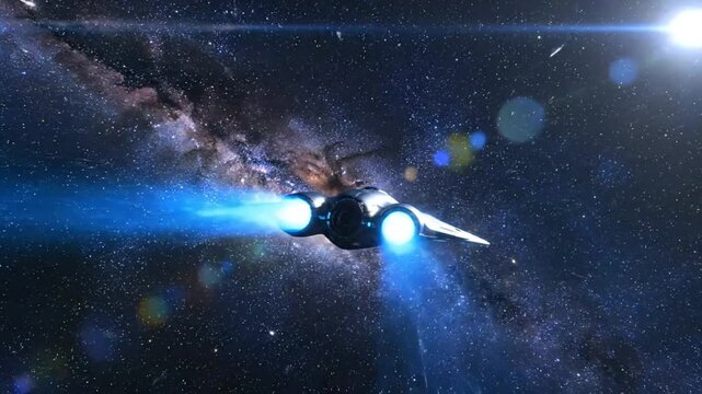 Futuristic spaceship speeding through the starry cosmos with bright blue engine jets and nebulas