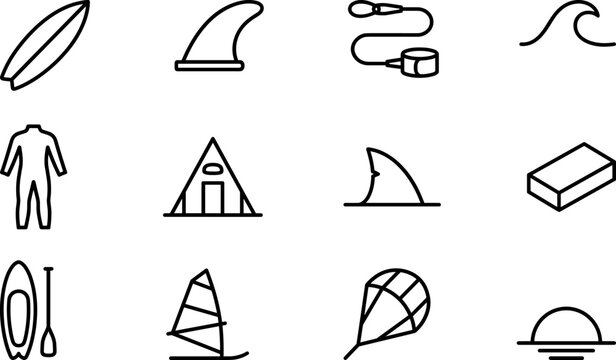 Surfing icons set including surfboard fin leash wave wetsuit tent shark buoy paddleboard sail kite sunset