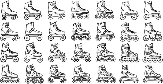 Black and White Line Art Doodle Set: Diverse Collection of Roller Skates and Rollerblades for Sports, Hobbies, and Recreation
