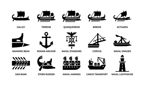 Naval and ship icons arranged in a grid on white background
