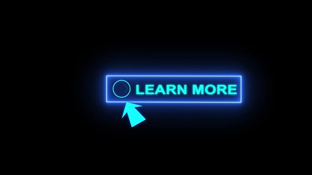 Glowing neon blue color white text cursor animation pointing towards read more button in looping with transparent background.