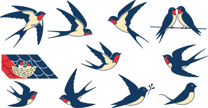 Flat Icon Set Featuring Swallows, Birds, Nest, and Love for Websites, Apps, and Digital Designs