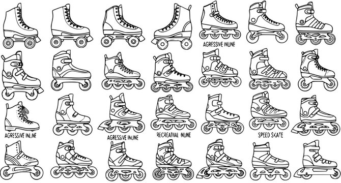 Sports and Recreation Skates Collection in Black and White Line Art. Outline Vector Set of Roller Skates, Inline Skates, Aggressive, and Speed Skates.