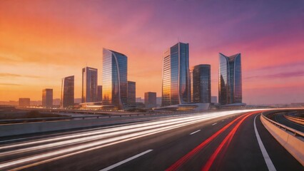 Fototapeta premium City skyline with highway at sunset