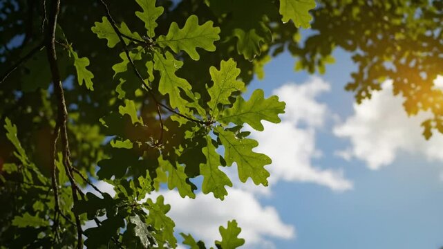 Oak tree leaves in sunlight with blue sky and fluffy white clouds, representing nature's beauty