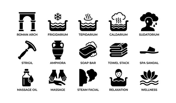 Roman bath and spa icons showing facilities and amenities