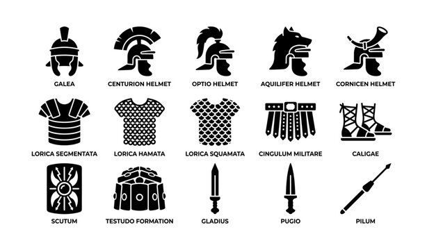 Roman military helmet and equipment icons on white grid