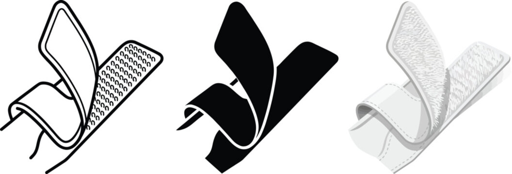 Set of hook and loop fastener icons black and white vector illustrations for design representing fastening and connection