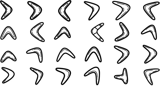 Black and White Line Art Boomerangs Collection, Vector Illustration