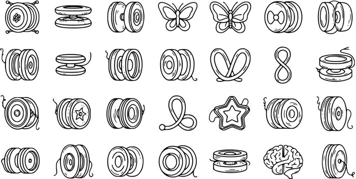 Black and White Line Art Yo-Yo Icons - Playful Toys and Retro Game Symbols