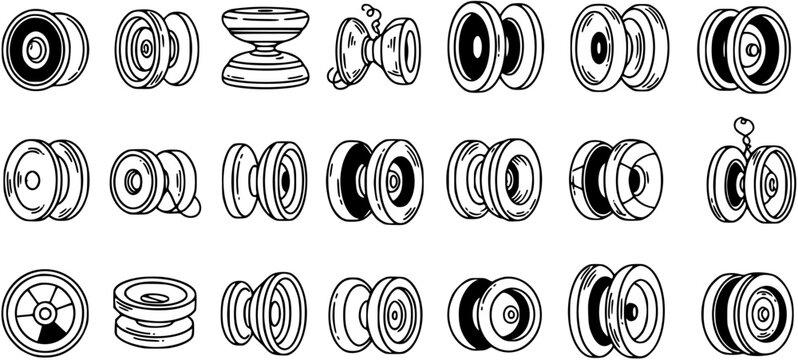 Black  White Line Art Collection of Yoyo Toys - Hand-drawn Outline Set for Games and Hobbies