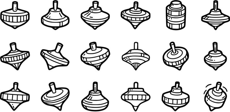 Childhood Games and Toys: Black  White Line Art Hand-Drawn Collection of Various Spinning Top Illustrations