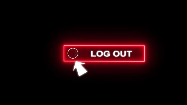 Glowing neon blue color white text cursor animation pointing towards log out button in looping with transparent background.