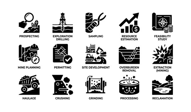 Mining process icons showing extraction stages on white background