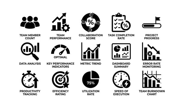 Team performance icons showing metrics and progress tracking indicators