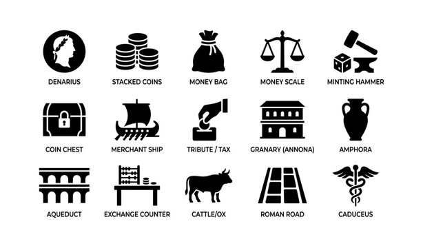Roman coinage icons representing currency, trade and storage