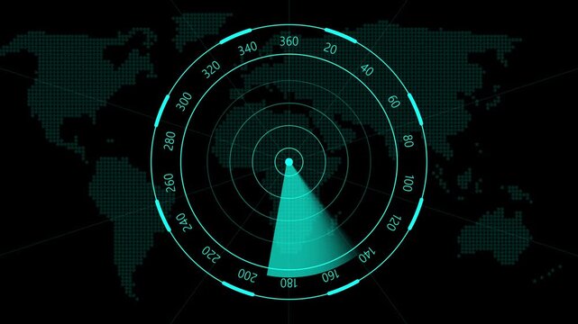 Radar screen animation with world map target. Radar screen digital tracking interface. Radar screen technology monitoring graphic on black background for security.