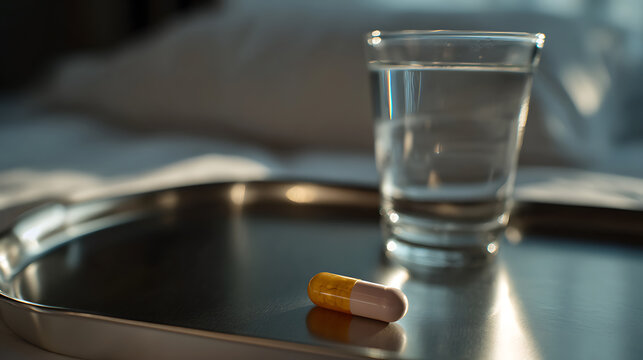 Single pill capsule and a glass of water on a metallic tray, ready for consumption, suggesting health, routine, and medical care in a subdued light