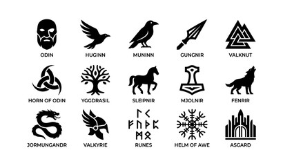 Naklejka premium Norse myth icons showing odin symbols and legendary figures grid