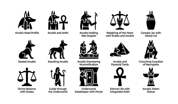 Anubis icons depicting funerary symbols and mythological scenes