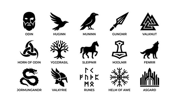Norse myth icons showing odin symbols and legendary figures grid