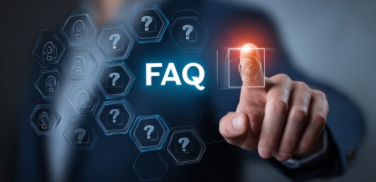 Man Touching FAQ Button on Futuristic Interface