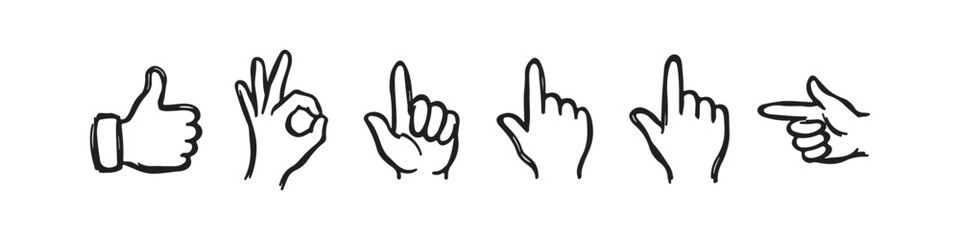 Obraz premium Vector icons of various hand gestures in a clean, hand-drawn outline style. The set includes a thumbs up, OK sign, pointing index finger, a pointing hand, a hand pointing downward, and a hand pointing