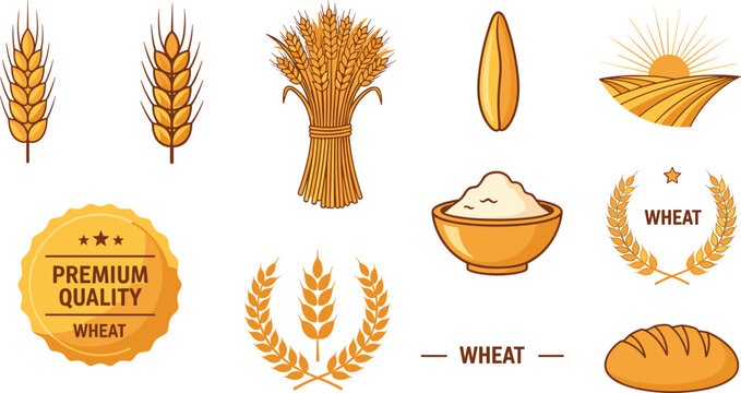 Flat Icon Set Featuring Wheat, Grain, Bread, and Premium Quality for Websites, Apps, and Digital Designs