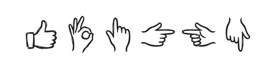 Obraz premium Vector icons of various hand gestures in a clean, hand-drawn outline style. The set includes a thumbs up, OK sign, pointing index finger, a pointing hand, a hand pointing downward, and a hand pointing