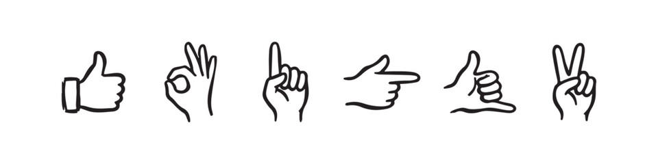 Obraz premium Vector icons of various hand gestures in a clean, hand-drawn outline style. The set includes a thumbs up, OK sign, pointing index finger, a pointing hand, a hand pointing downward, and a hand pointing