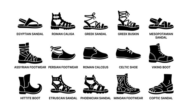 Historical footwear icons arranged in grid on white background