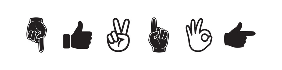 Fototapeta premium Vector icons of various hand gestures in a solid black silhouette and bold outline style. The set includes a pointing finger, an OK sign, a peace/victory sign, a thumbs up, a pointing hand, and a hand