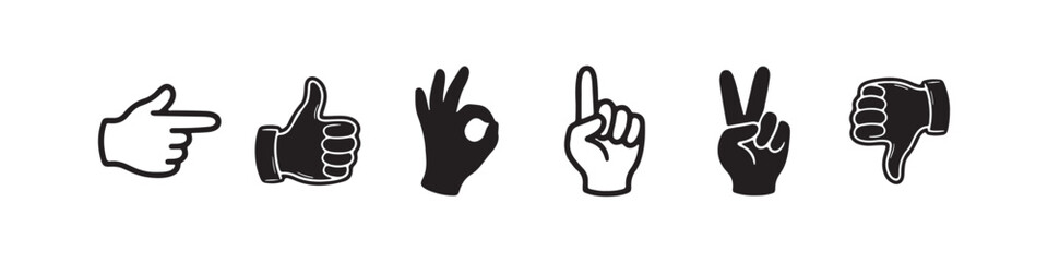 Obraz premium Vector icons of various hand gestures in a solid black silhouette and bold outline style. The set includes a pointing finger, an OK sign, a peace/victory sign, a thumbs up, a pointing hand, and a hand