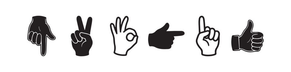 Obraz premium Vector icons of various hand gestures in a solid black silhouette and bold outline style. The set includes a pointing finger, an OK sign, a peace/victory sign, a thumbs up, a pointing hand, and a hand