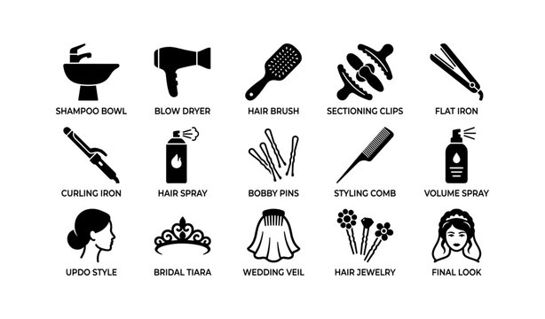 Hair styling tools and bridal accessories icons grid