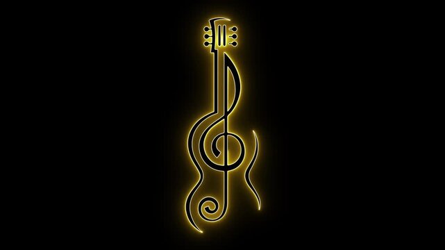 Guitar treble clef. Musical fusion art. Neon guitar logo. Minimalist music. Creative clef art. Yellow glow music. Music studio decor. Modern band logo. Artistic melody. String instrument.
