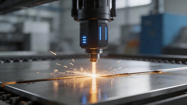 Laser cutting metal sheet in factory