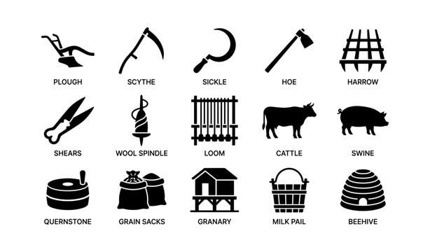 Agricultural tools livestock and storage icons arranged in grid