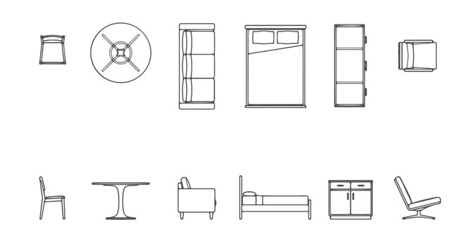 Architectural Furniture Line Drawings and CAD Blocks Collection with Top View Plan and Side Elevation of Modern Sofa, Bed, Dining Table, Chair, Wardrobe, Cabinet, and Armchair Vector Outlines