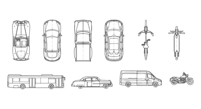 Architectural Vehicle Line Drawings and CAD Blocks Collection with Top and Side View Elevations of Modern Cars, Vintage Classics, SUV, Sedan, EV, Bus, Delivery Van, Motorcycle, and Bicycle Vector Outl