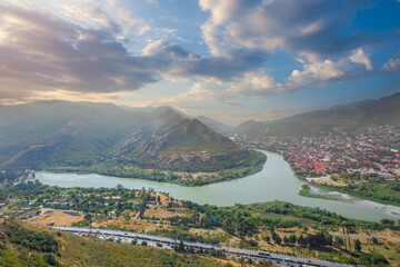 Georgian landscape. Scenic View Of Confluence Of Aragvi And Kura Rivers In Mtskheta © artmim
