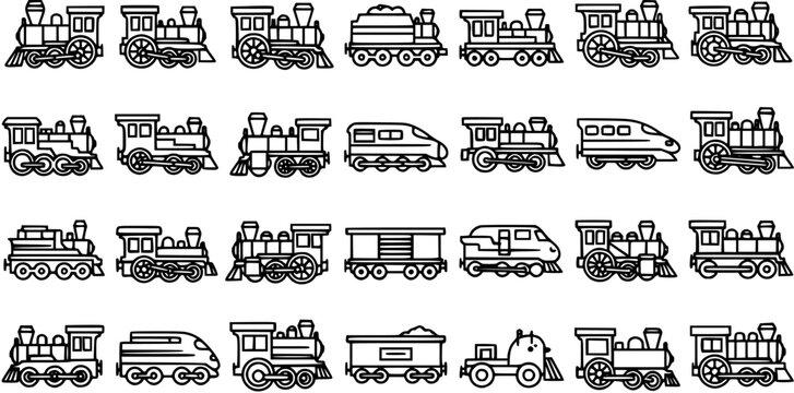 Transportation Industry Trains Line Art Icons Set. Black and white outline vector collection of locomotives, passenger, and cargo railroad vehicles.