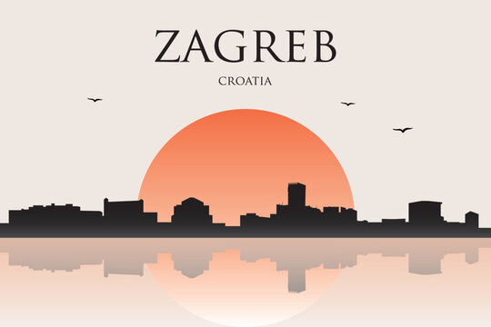 Minimalist contemporary Japanese-style drawing of a half sun skyline with water reflection poster panorama of ZAGREB, CROATIA